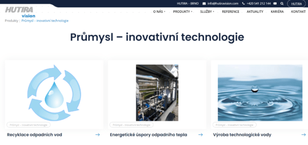 Nový design webu HUTIRA – VISION v barvách značky HUTIRA. S novým webem přichází i nabídka inovativních řešení pro hospodaření s vodou v průmyslu. | HUTIRA VISION